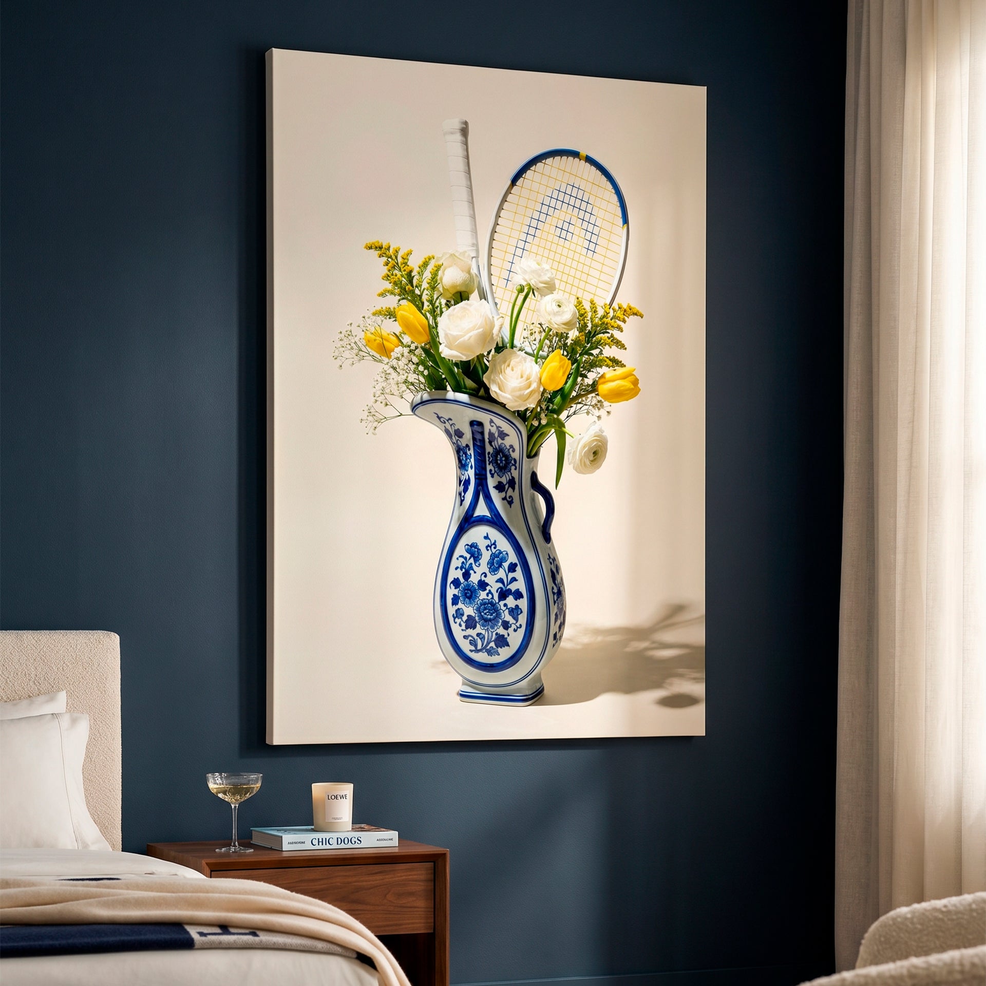 Tennis canvas art in a navy bedroom