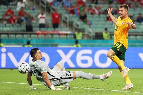 Aaron Ramsey Wales scores opening goal v Turkey Baku Euro 2020