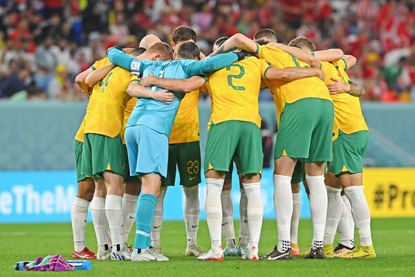 Australia team huddle v Denmark Group D World Cup Qatar 2022