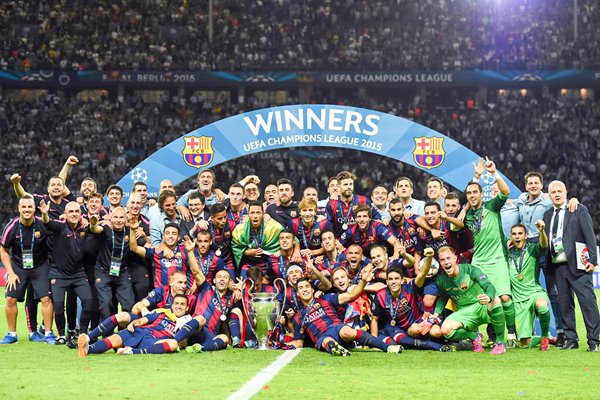 Barcelona team celebrate victory Champions League