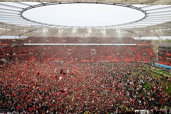 Bayer Leverkusen fans celebrate winning the Bundesliga title Bay Arena 2024