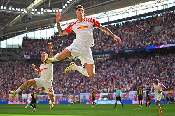Benjamin Sesko RB Leipzig celebrates v Borussia Dortmund Bundesliga 2024