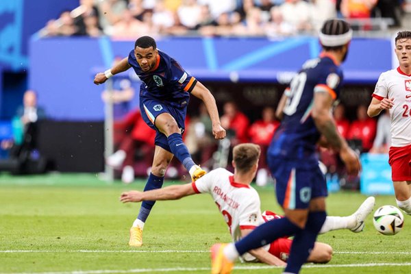 Cody Gakpo Netherlands scores v Poland Group D Hamburg EURO 2024