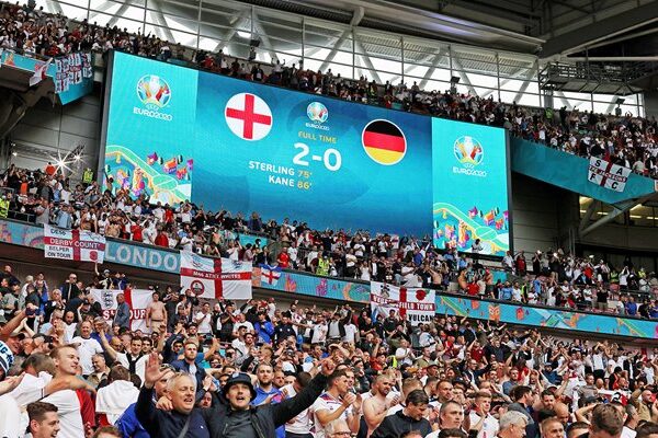 England fans celebrate under big screen Wembley Euro 2020