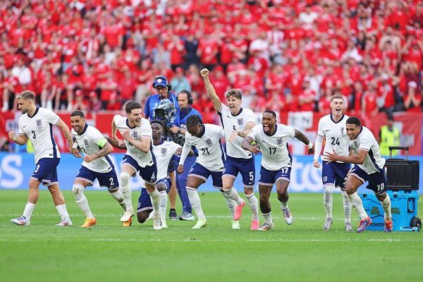 England players celebrate penalty shoot-out win v Switzerland Quarter-Final EURO 2024