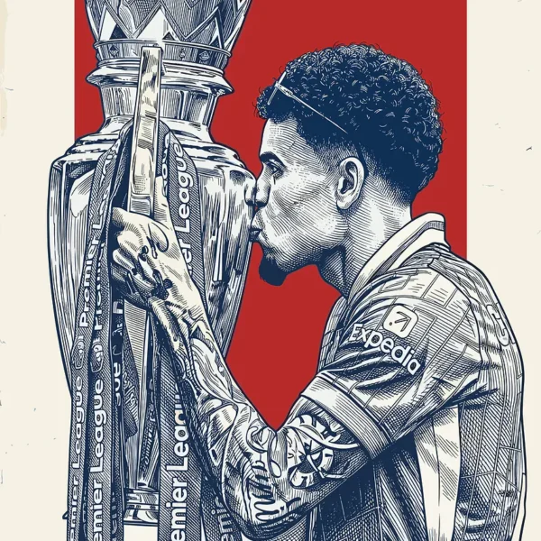 Footballer kissing Premier League trophy