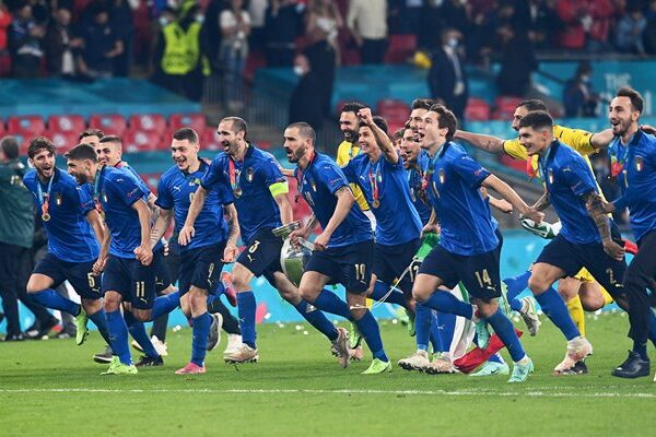Giorgio Chiellini & Leonardo Bonucci Italy celebrate winning Euro 2020