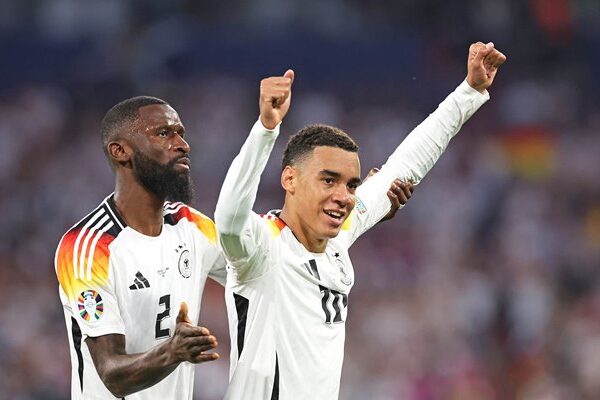 Jamal Musiala & Antonio Ruediger Germany celebrate v Scotland Munich EURO 2024