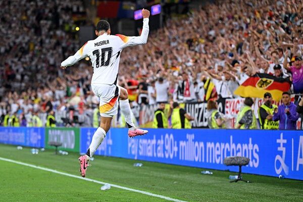 Jamal Musiala Germany celebrates scoring v Denmark Last 16 Dortmund EURO 2024