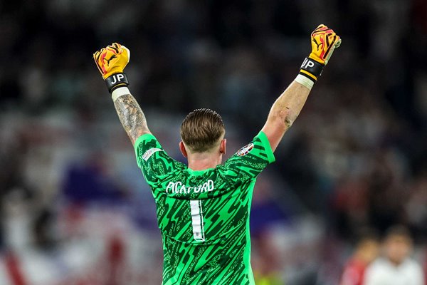 Jordan Pickford England celebrates win v Serbia Gelsenkirchen EURO 2024