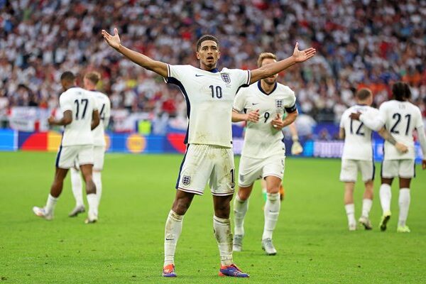Jude Bellingham England celebrates goal v Slovakia Last 16 EURO 2024