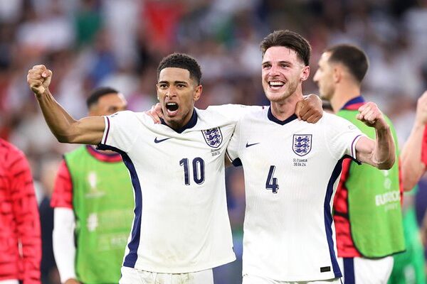 Jude Bellingham and Declan Rice celebrate win v Slovakia Last 16 EURO 2024