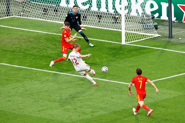 Kasper Dolberg Denmark scores v Wales Last 16 Euro 2020