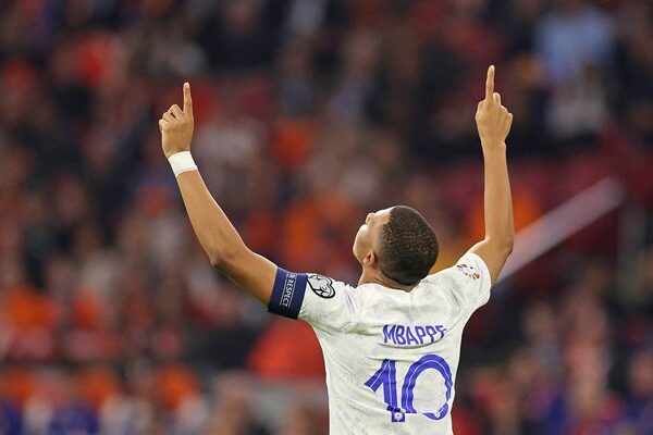 Kylian Mbappe France celebrates v Netherlands EURO 2024 Qualifier Amsterdam 2023