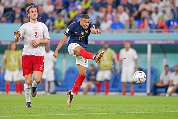 Kylian Mbappe of France shoots v Denmark World Cup Qatar 2022