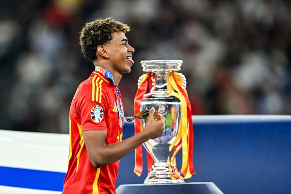 Lamine Yamal Spain celebrates winning EURO 2024 trophy