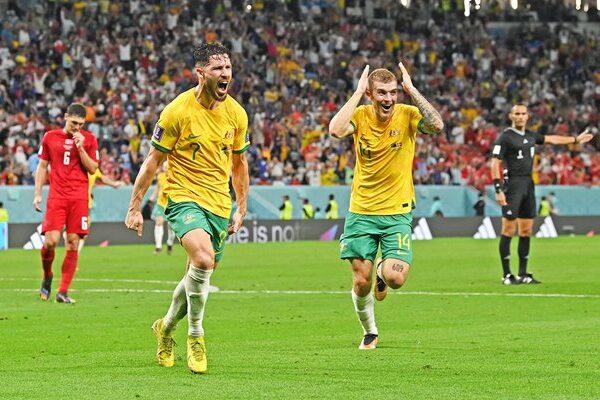 Mathew Leckie Australia celebrates goal v Denmark World Cup 2022