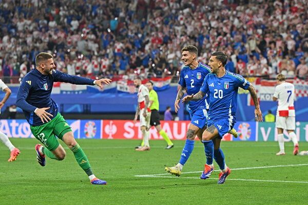 Mattia Zaccagni Italy celebrates last minute goal v Croatia Group B EURO 2024