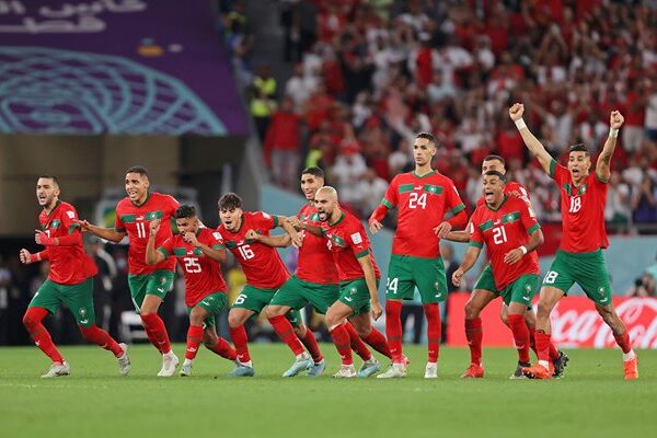 Morocco players celebrate penalties win v Spain World Cup Qatar 2022