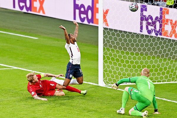 Raheem Stirling England forces Simon Kjaer own goal Denmark Wembley Euro 2020