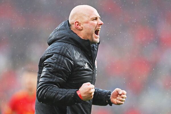 Rob Page Wales Head Coach celebrates World Cup Qualification Cardiff 2022