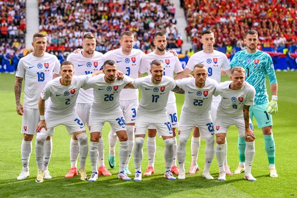 Slovakia team line up v Belgium Group Frankfurt Arena EURO 2024