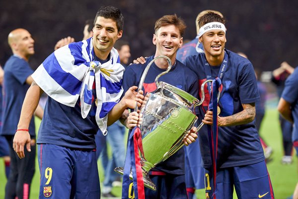Suarez, Messi, Neymar Champions League trophy